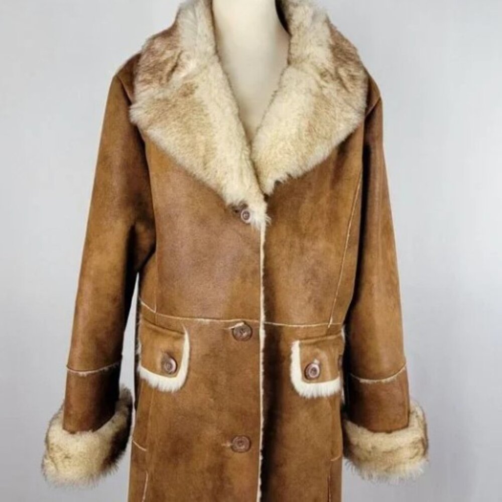 Stunning WILSONS Brown Long Faux Suede Fur Trim Sherpa Shearling Coat Y2K Sz M - Picture 6 of 12